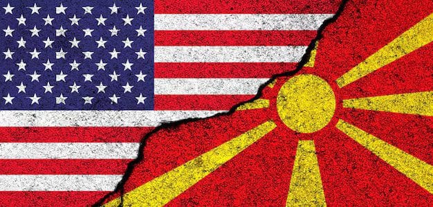Американското и македонското знаме споени на пукнатина како симбол за американизми во македонскиот јазик