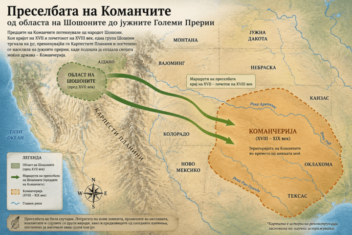 Мапа на преселбата на Команчите од областа на Шошоните до Команчерија